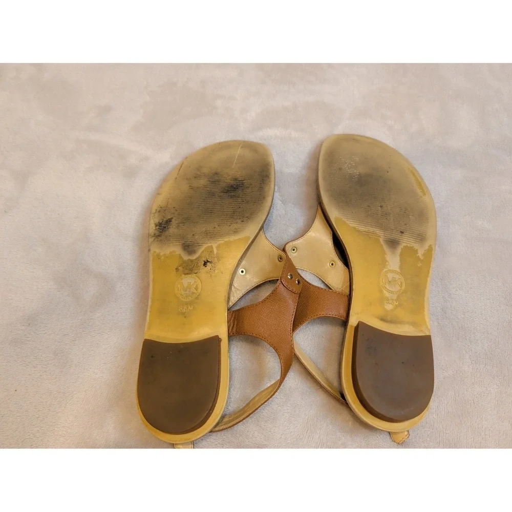 Michael Kors Leather‎ T-Strap Thong Sandals | 7M Cognac Brown Gold